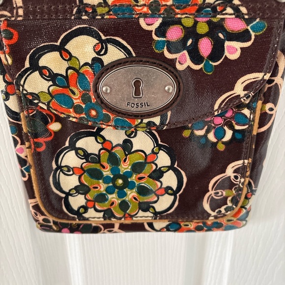 Fossil Key-Per Floral Crossbody Bag Brown Boho Canvas - Picture 3 of 8